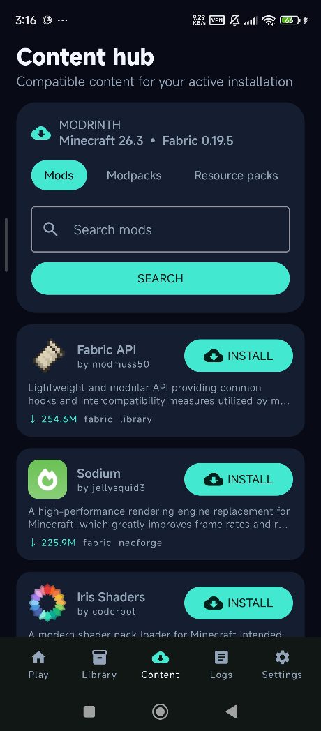 Content hub: search and install mods from Modrinth