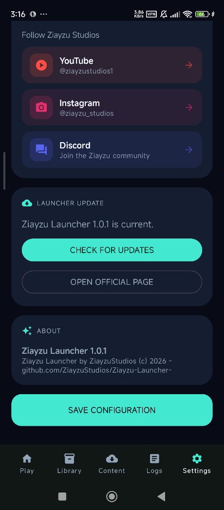 About screen with community links and launcher updates