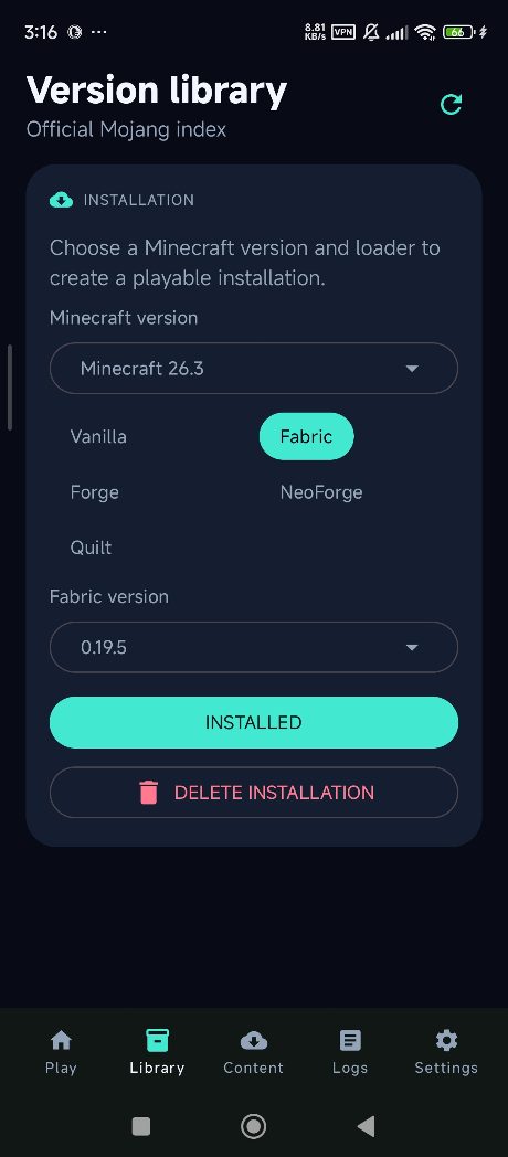 Version library: choose a Minecraft version and loader