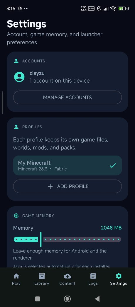 Settings: accounts, profiles and game memory